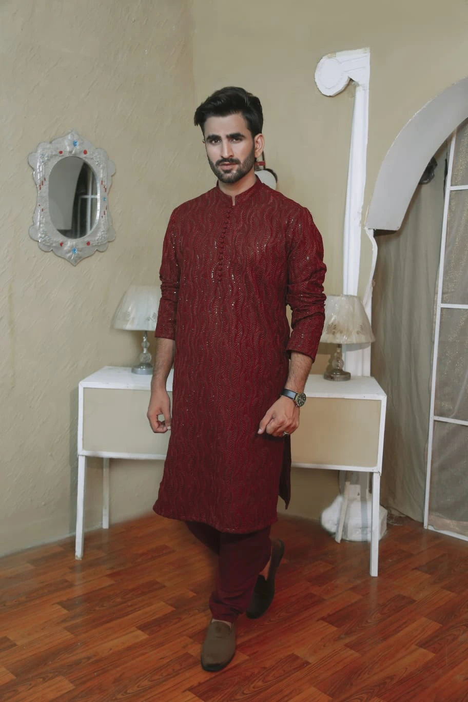 Men's Maroon Embroidered Sequin 2 piece Kurta
