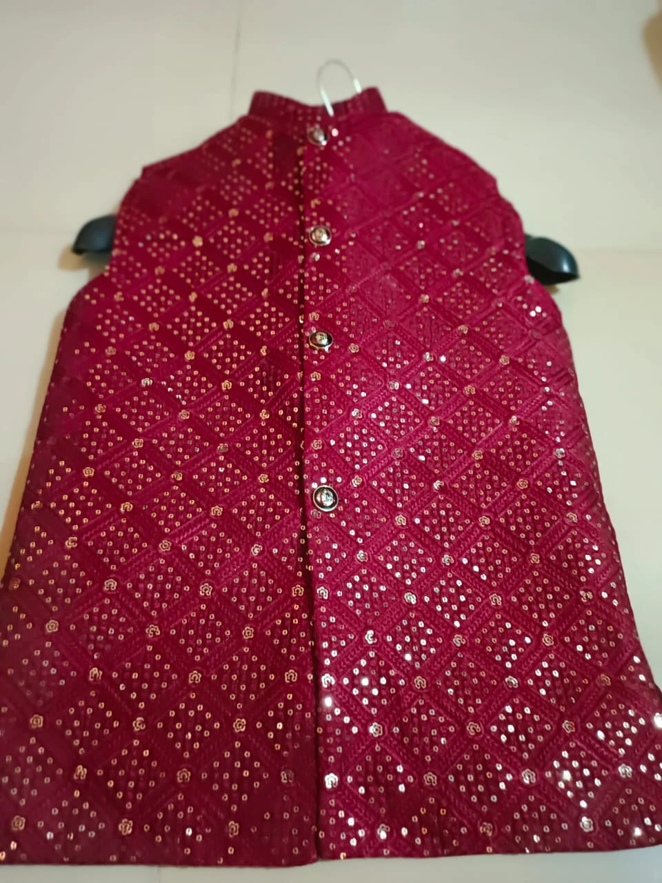 Boys' Crimson Red Sequin Geometric Embroidered Ethnic Waistcoat (Ages 1–13 Yrs)