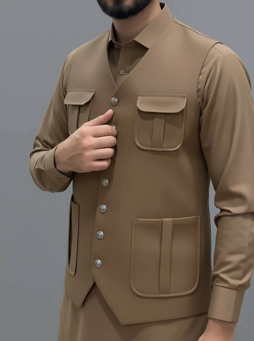 Three pcs suit shalwar kameez with same stylish men's four-pocket waistcoat size